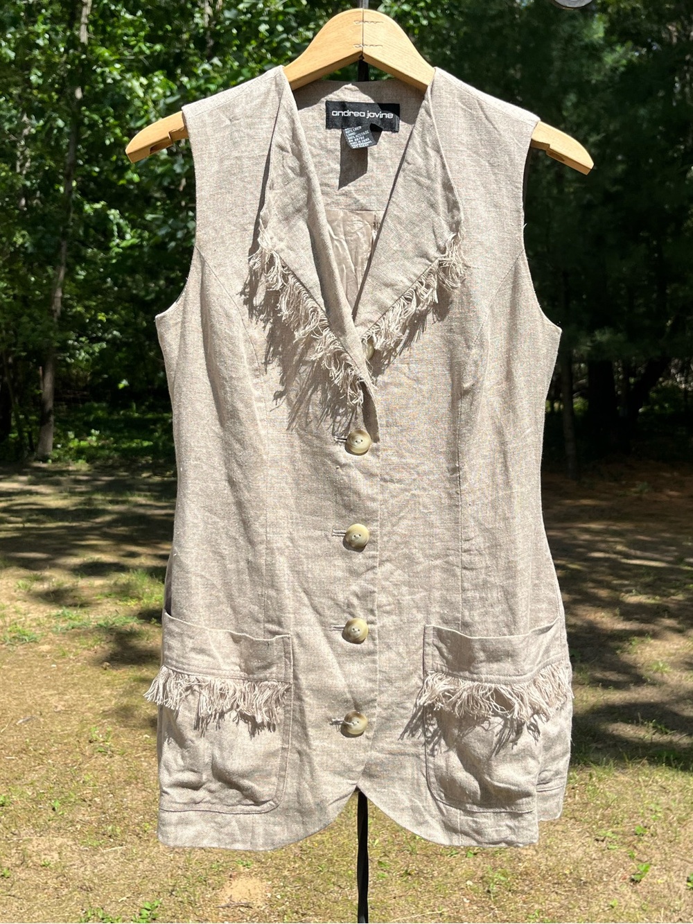 90s Andrea Jovine 100% Linen Longline Fringe Vest Summer Minimal Boho Chic